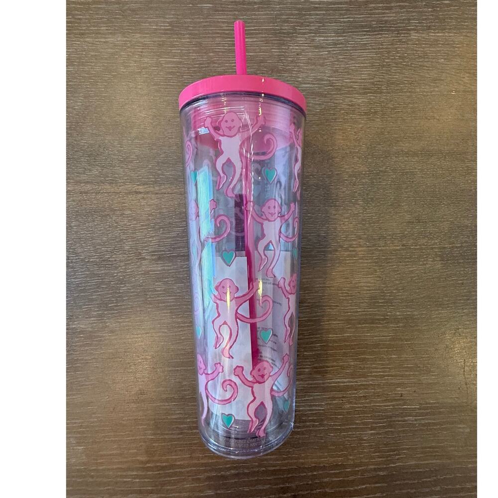 NEW Pink Roller Rabbit X Starbucks Clear 24 oz tumbler w/ Lid Straw